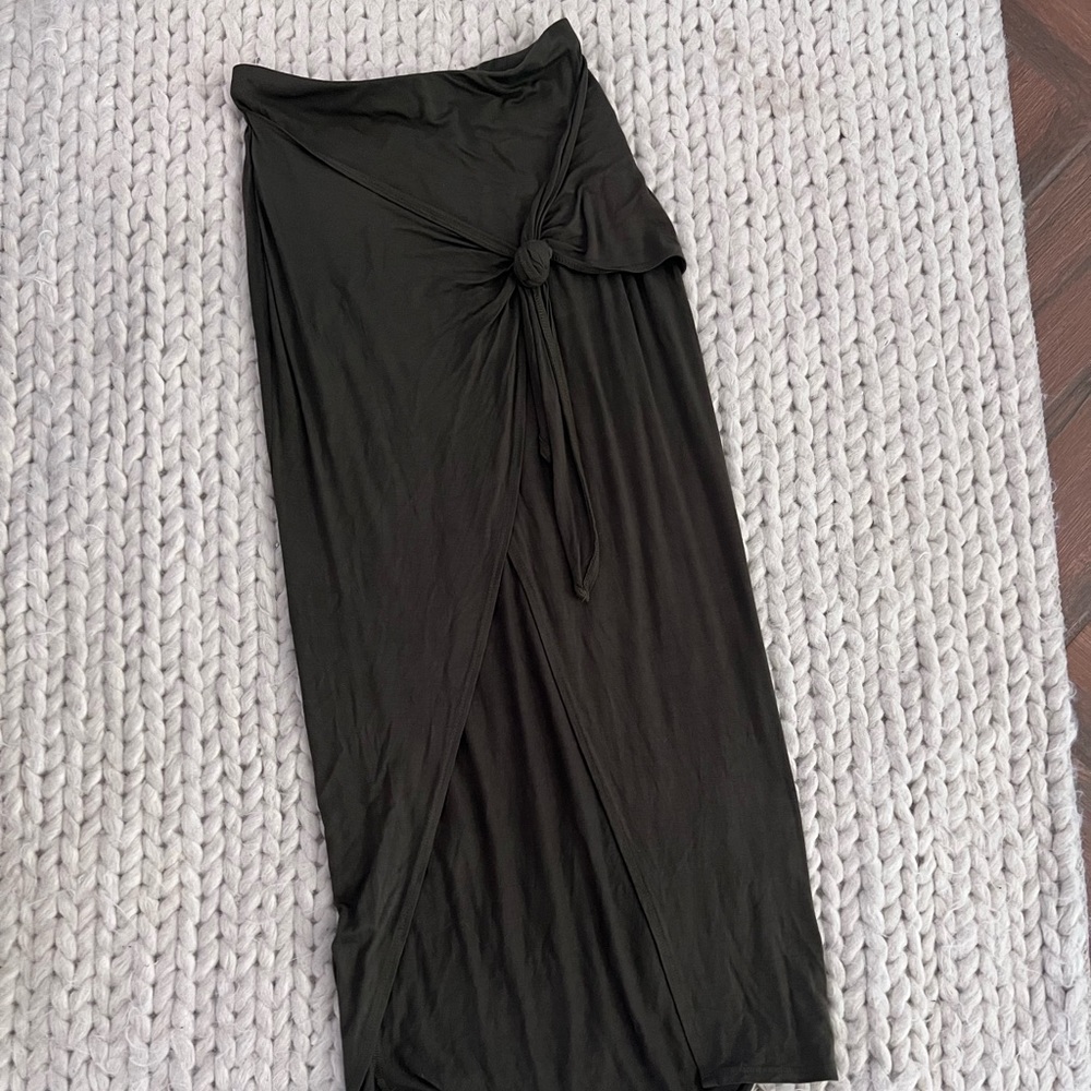 Olive green wrap maxi skirt with open front slit